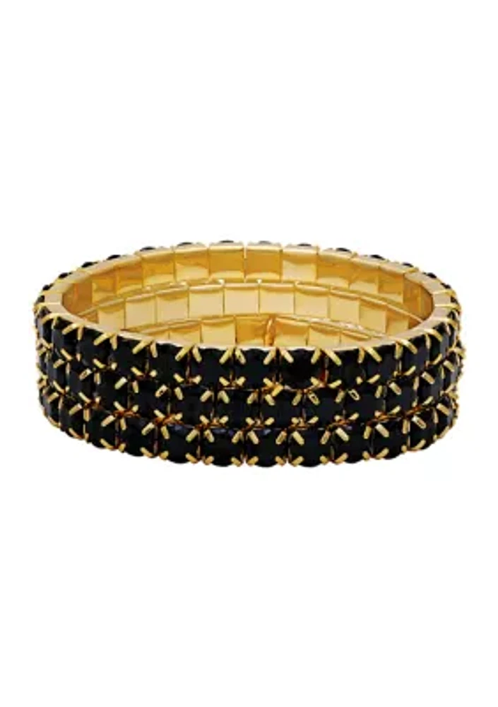 Gold Plated Black Cubic Zirconia Stretch Bracelet Set