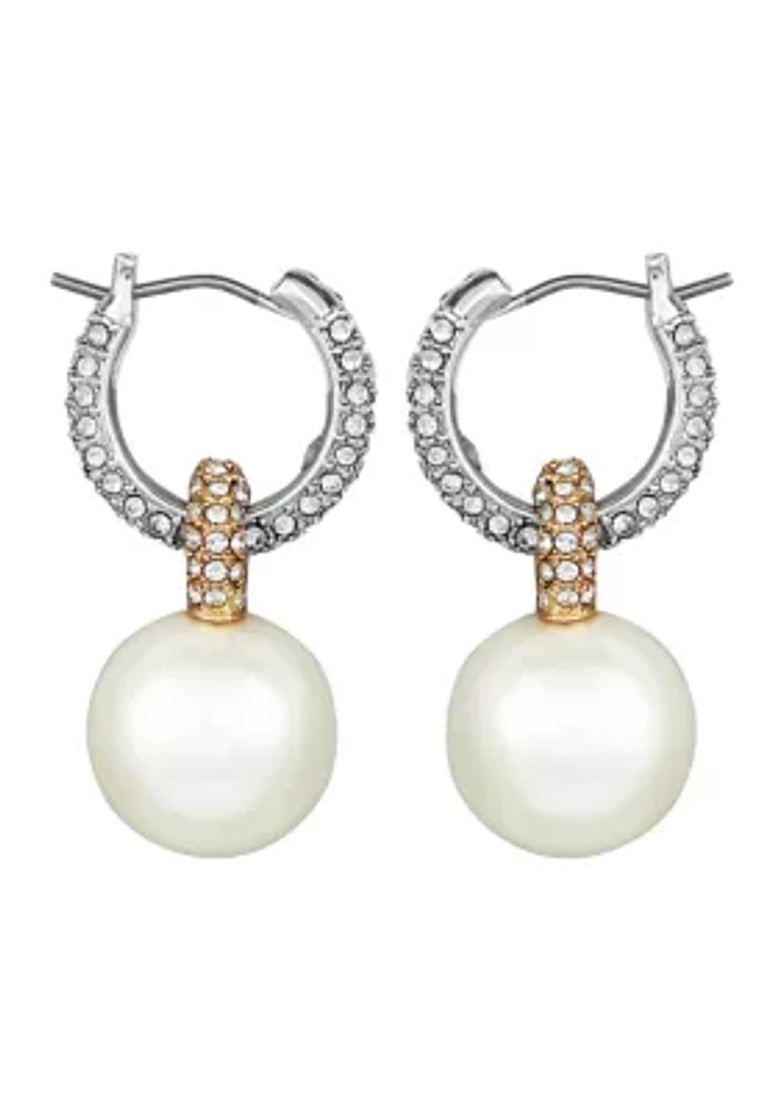 Gold-Tone Pave Huggie Hoop Earrings with Glass Pearl