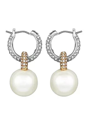 Gold-Tone Pave Huggie Hoop Earrings with Glass Pearl