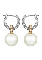 Gold-Tone Pave Huggie Hoop Earrings with Glass Pearl