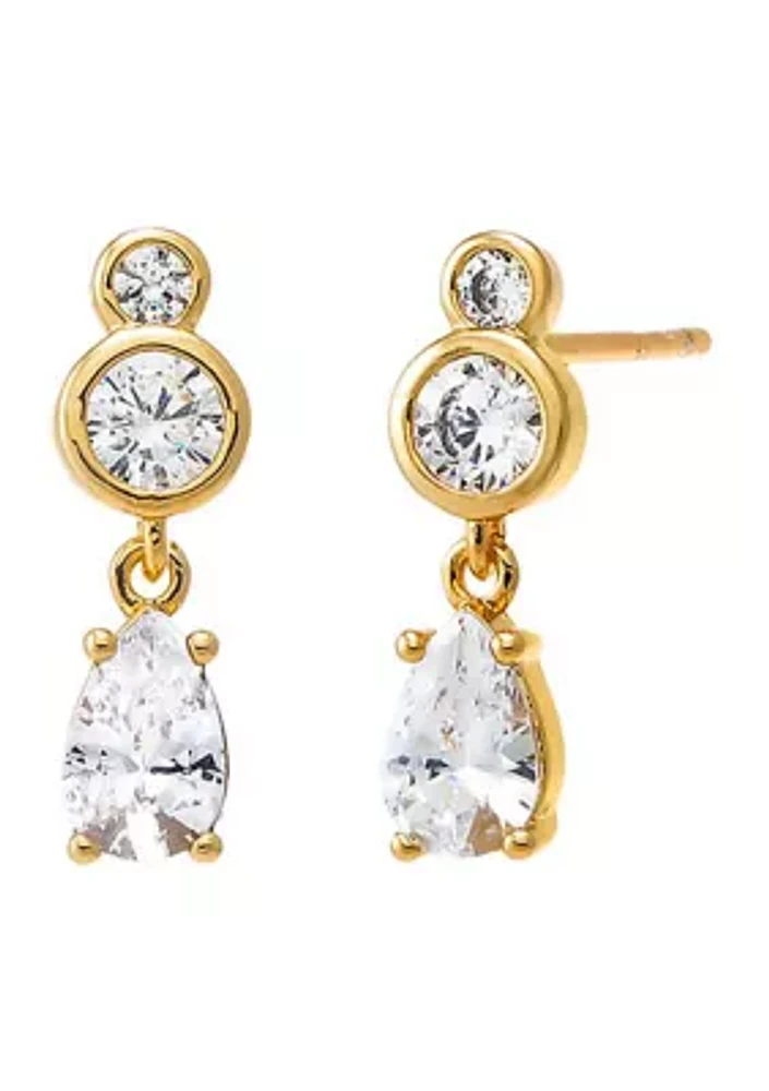 Gold Tone Double CZ Bezel Teardrop Shaker Stud Earrings