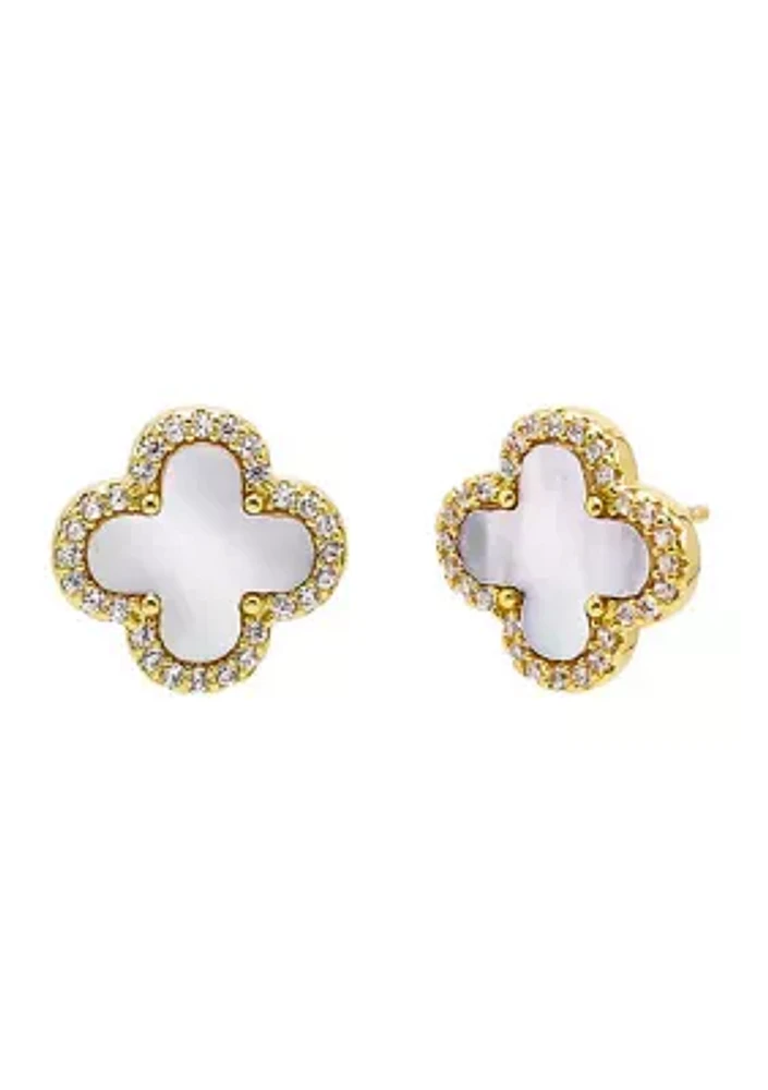 Gold Plated Pave Outline Four Leaf Clover Stud Earrings