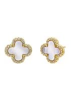 Gold Plated Pave Outline Four Leaf Clover Stud Earrings