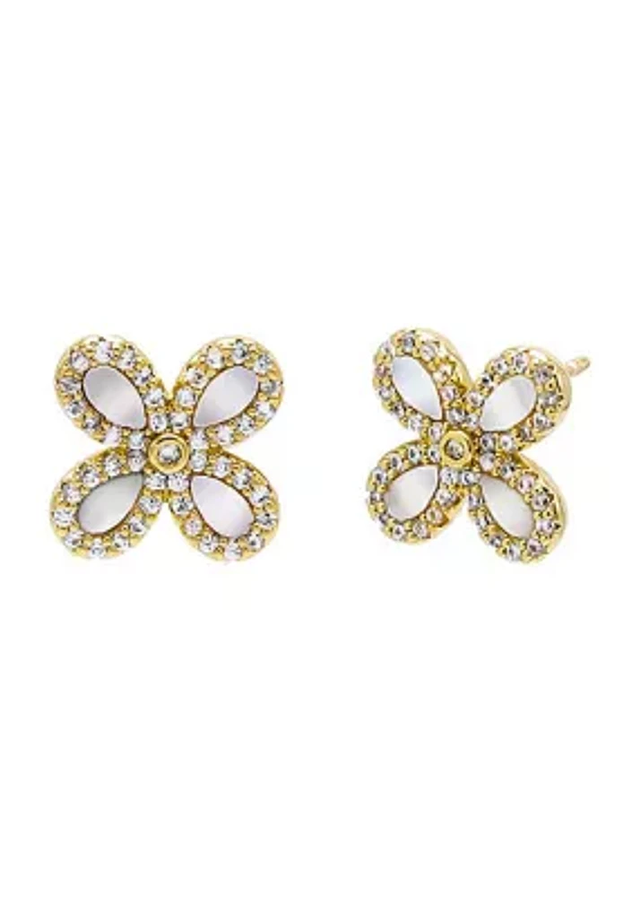 Gold Plated Multi Pave Four Leaf Flower Stud Earrings