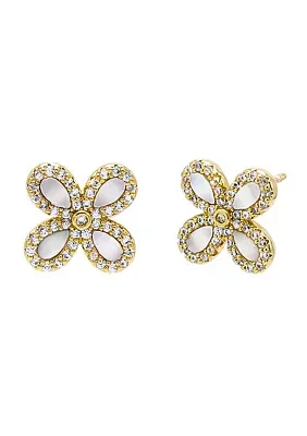 Gold Plated Multi Pave Four Leaf Flower Stud Earrings