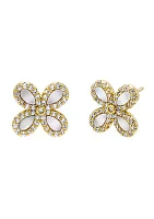 Gold Plated Multi Pave Four Leaf Flower Stud Earrings