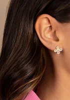 Gold Plated Multi Pave Four Leaf Flower Stud Earrings