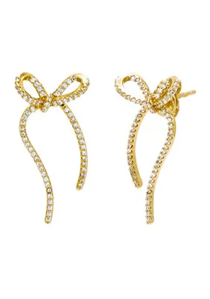 Gold Plated Pave Long Bow Tie Drop Earrings