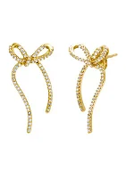 Gold Plated Pave Long Bow Tie Drop Earrings