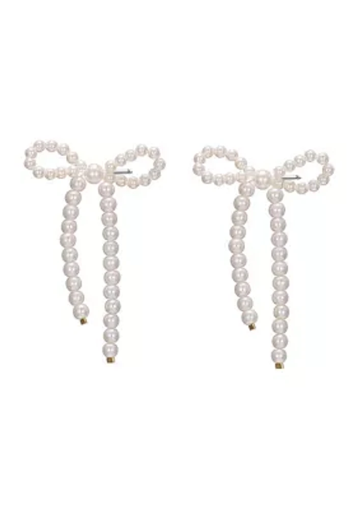 Gold Plated Faux Pearl Beaded Bow Drop Earrings