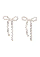 Gold Plated Faux Pearl Beaded Bow Drop Earrings