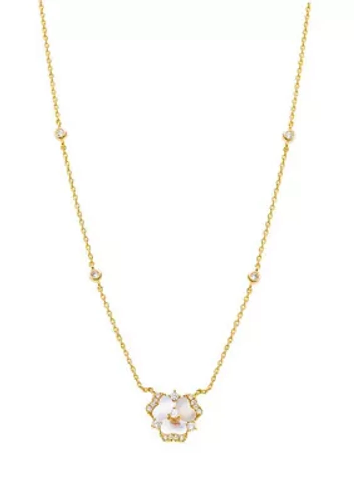 Gold Plated Pave Stone Flower Bezel Necklace