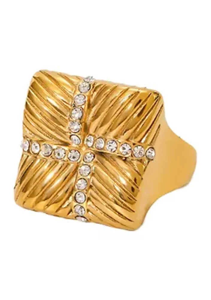 Gold Plated Pave Accented Ridged Square Signet Ring