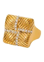 Gold Plated Pave Accented Ridged Square Signet Ring