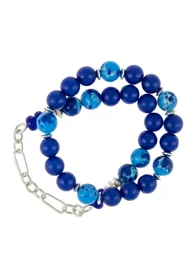 Silver Tone 2 Row Blue Beaded Stretch Bracelet