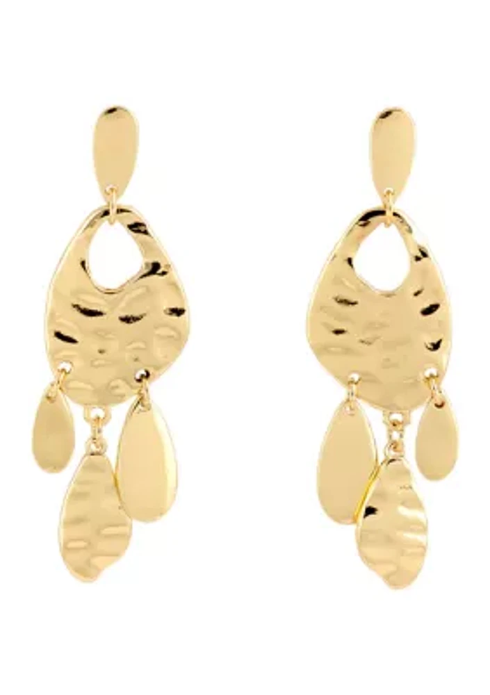 Gold Tone Post Hammered Teardrop Earrings with Open Cut Out and Fringe Drops