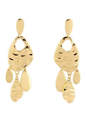 Gold Tone Post Hammered Teardrop Earrings with Open Cut Out and Fringe Drops