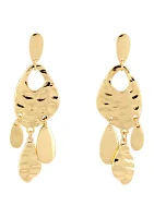 Gold Tone Post Hammered Teardrop Earrings with Open Cut Out and Fringe Drops