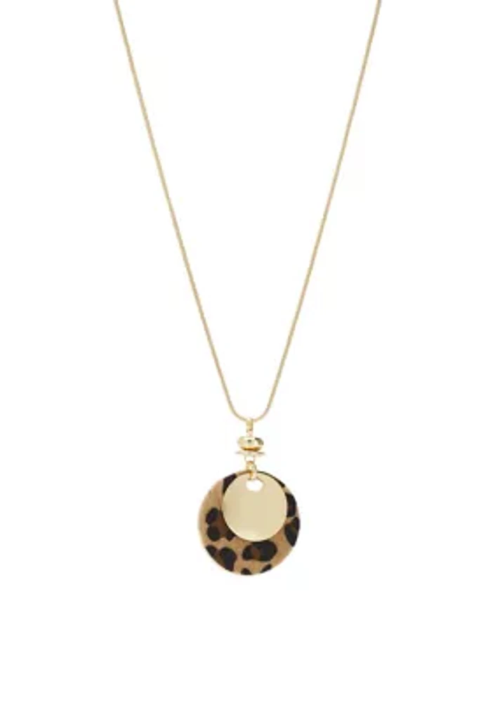 Gold Tone Long Layered Double Ring Leopard Disc Pendant Necklace