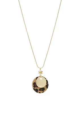 Gold Tone Long Layered Double Ring Leopard Disc Pendant Necklace