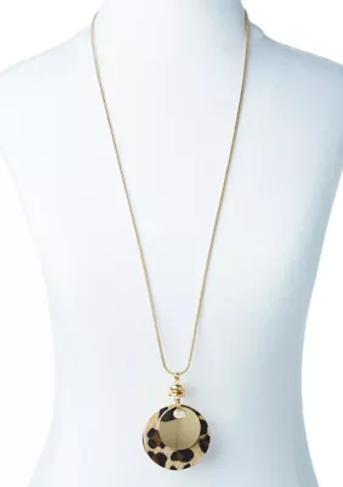 Gold Tone Long Layered Double Ring Leopard Disc Pendant Necklace