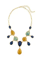 Gold Tone 18.5'' + 3'' Extener Short Multicolored Stone Statement Necklace with Teardrop Pendants