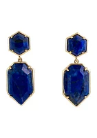 Gold Tone Faceted Blue Stone Post Top Earrings With Blue Faceted Teardrop Drop