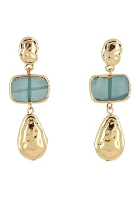 Gold Tone Hammered Post Top Earrings with Rectangle Dyed Jade Green Stone and Hammered Metal Teardrop Pendants