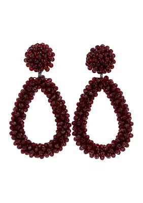 Hematite Tone Red Woven Beaded Button Post Top Earrings with Open Teardrop