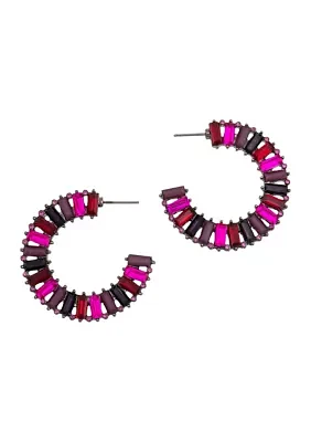 Hematite Tone Fuchsia Multi Stone Post Hoop Earrings