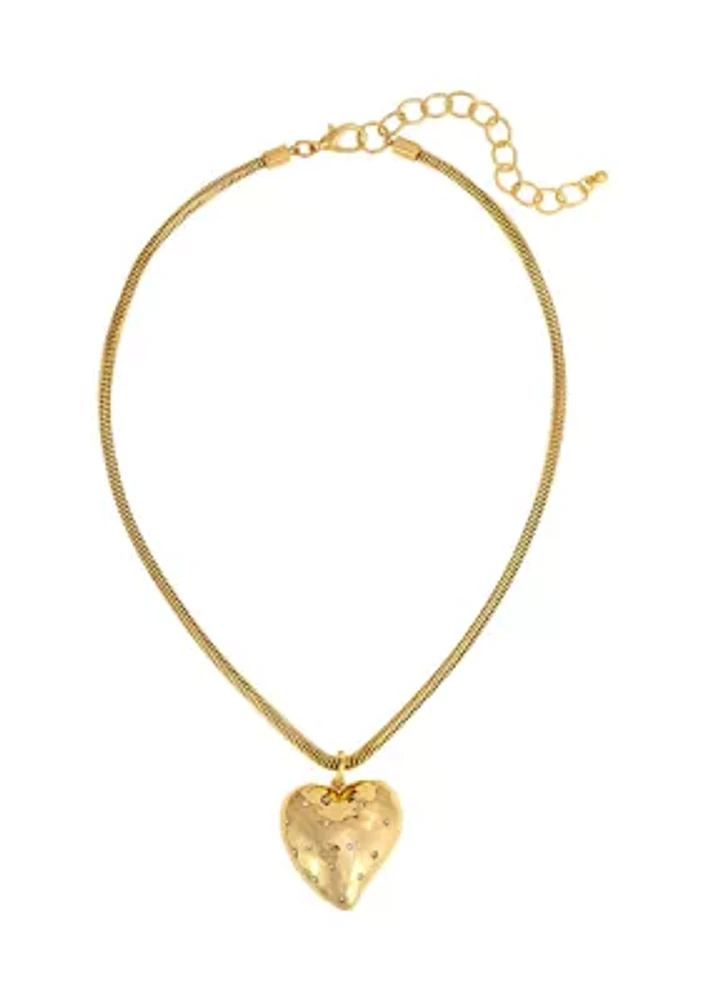 Gold Tone Short Puffy Heart Pendant Necklace