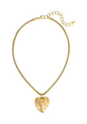 Gold Tone Short Puffy Heart Pendant Necklace