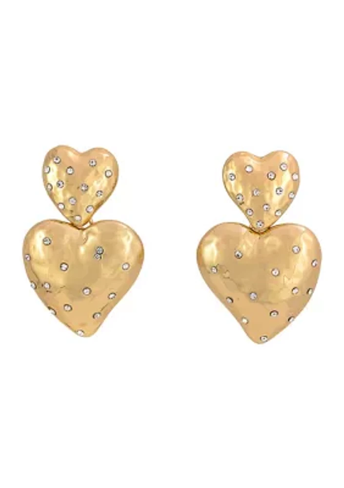 Gold Tone Double Puffy Heart Post Drop Earrings