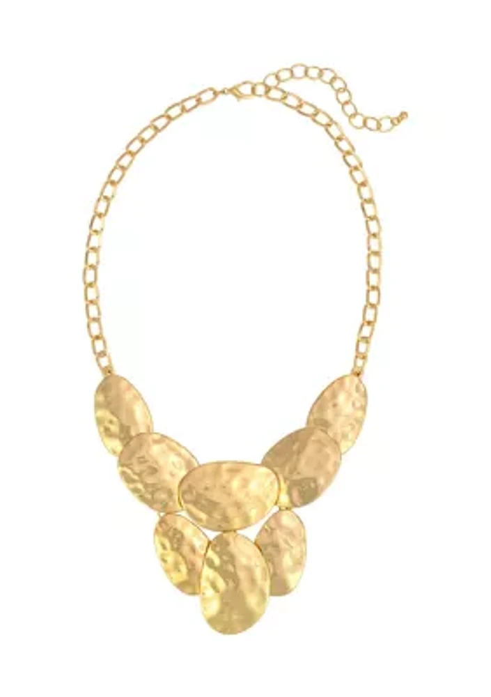 Gold Tone Bold Hammered Oval Frontal Statement Necklace