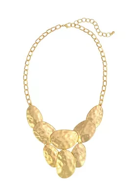 Gold Tone Bold Hammered Oval Frontal Statement Necklace