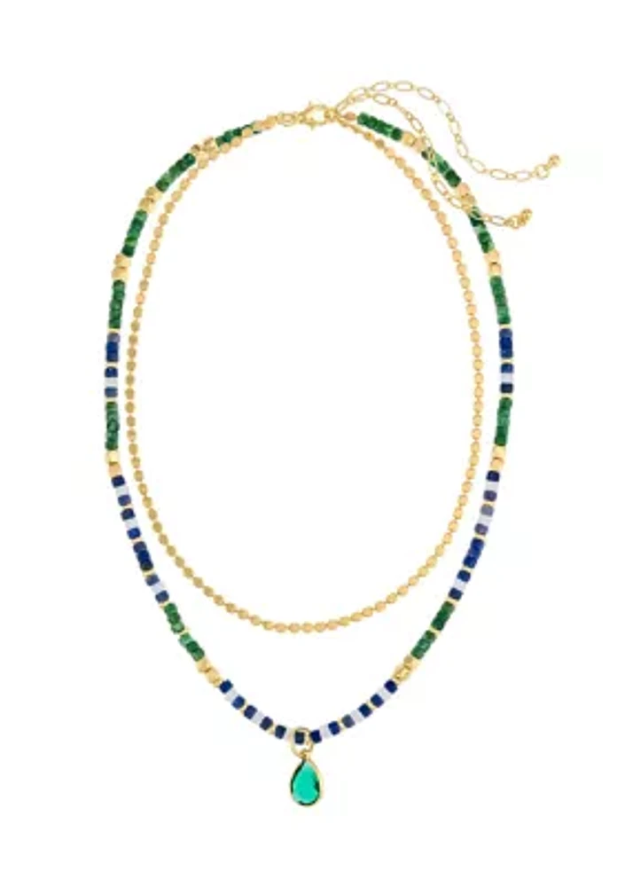 Gold Tone 18'' + 3'' Extender Green and Blue Beaded Chain Necklace - Set of 2