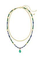 Gold Tone 18'' + 3'' Extender Green and Blue Beaded Chain Necklace - Set of 2