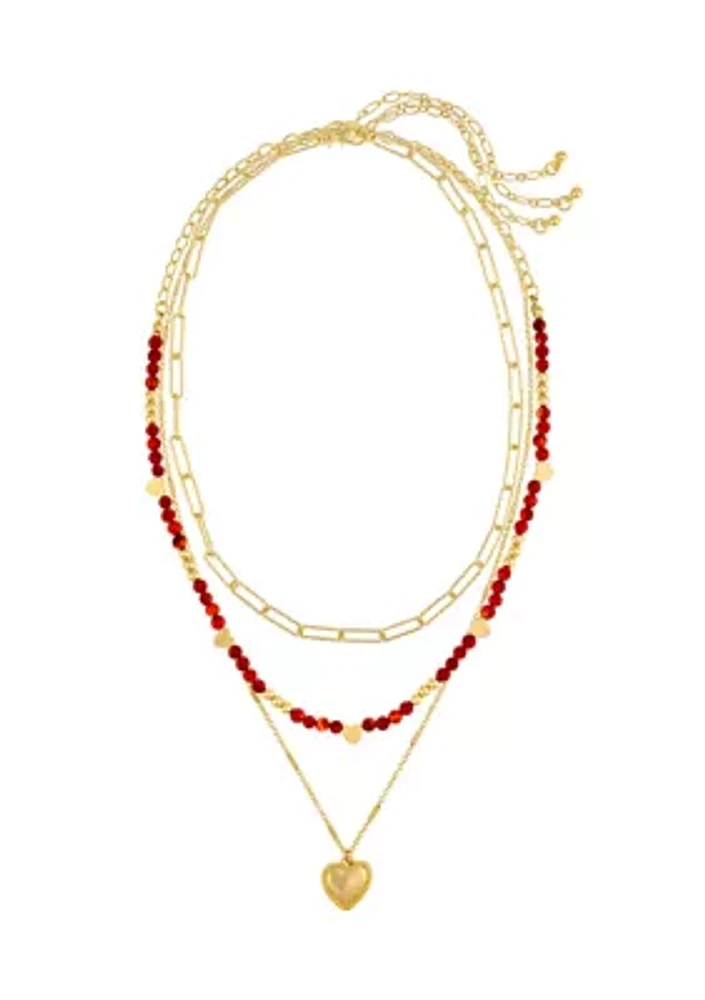 Gold Tone Red Beaded Heart Pendant Necklace - Set of 3