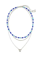 Silver Tone Blue Beaded Chain Heart Pendant Drop Necklace - Set of 3