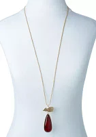 Gold Tone Long Teardrop Stone Pendant Necklace