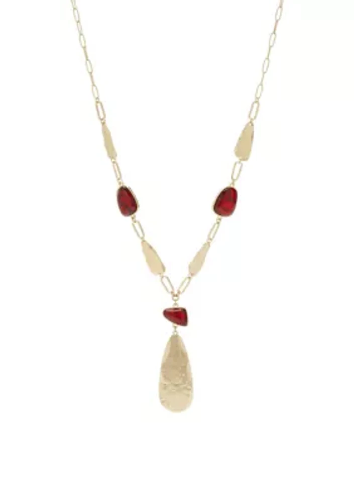 Gold Tone Long Red Stone Y Necklace