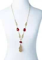 Gold Tone Long Red Stone Y Necklace