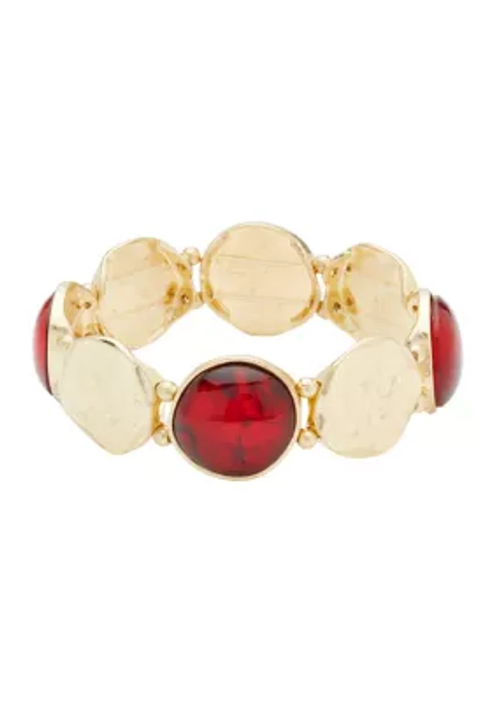 Gold Tone Red Disc Stretch Bracelet