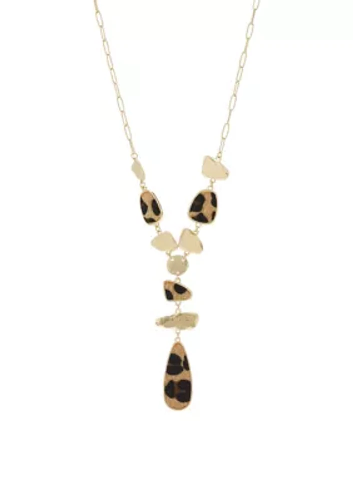 Gold Tone Animal Print Teardrop Y Necklace