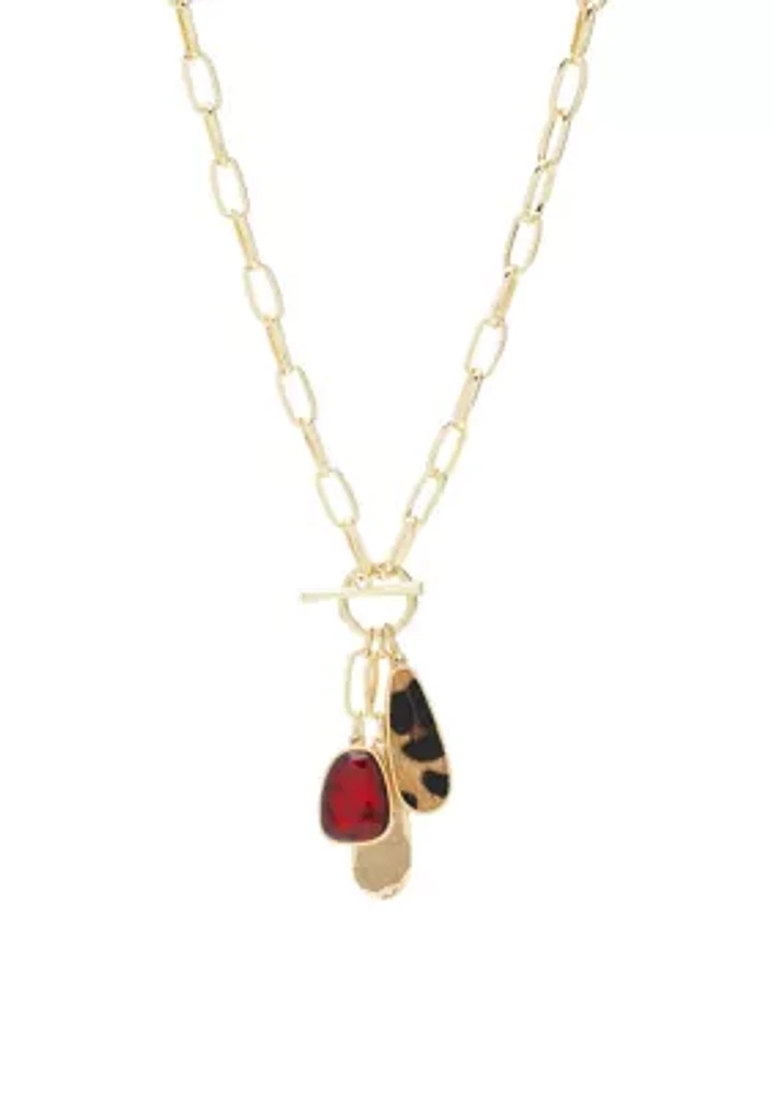 Gold Tone Red Stone Animal Print Drop Necklace