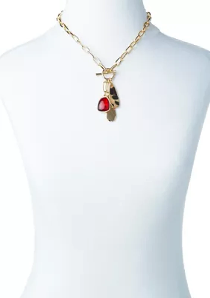 Gold Tone Red Stone Animal Print Drop Necklace