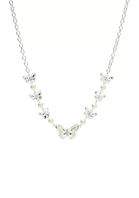 Silver Tone 16" Pearl Crystal Butterfly Frontal Necklace