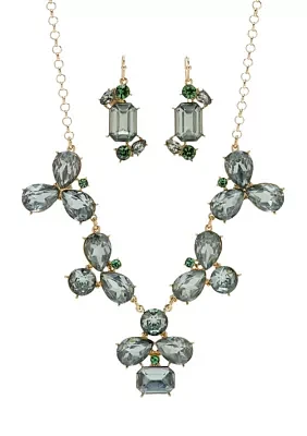 Gold Tone 16" Green Erenite Stone Frontal and Drop Necklace and Earrings Set