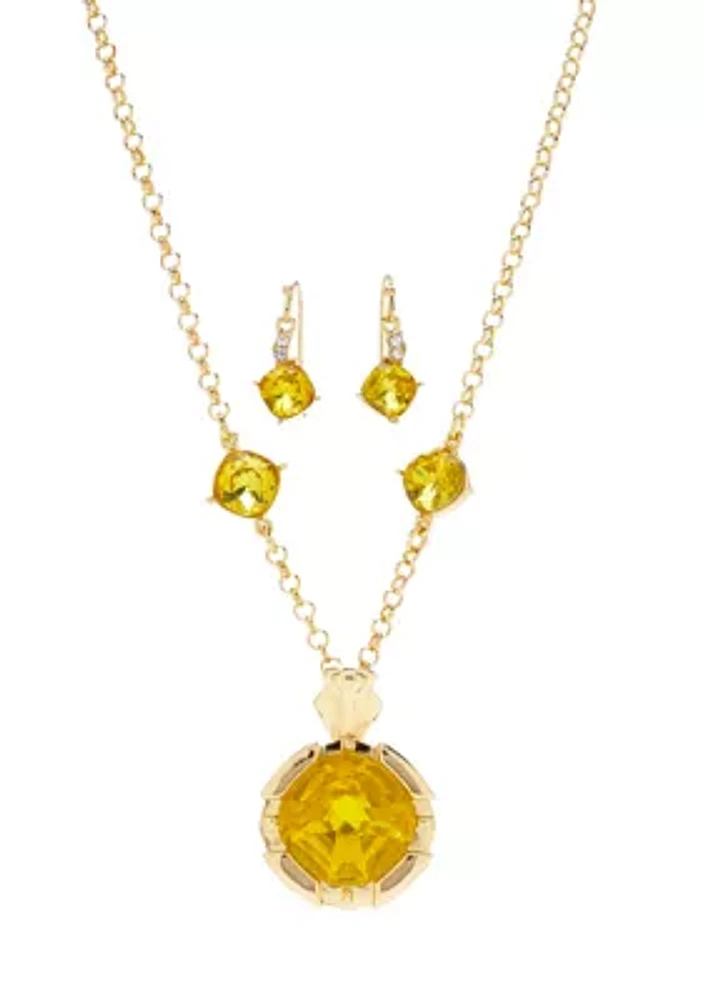 Gold Tone 16" Yellow Stone Pendant and Drop Necklace and Earrings Set