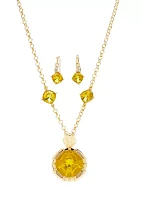 Gold Tone 16" Yellow Stone Pendant and Drop Necklace and Earrings Set